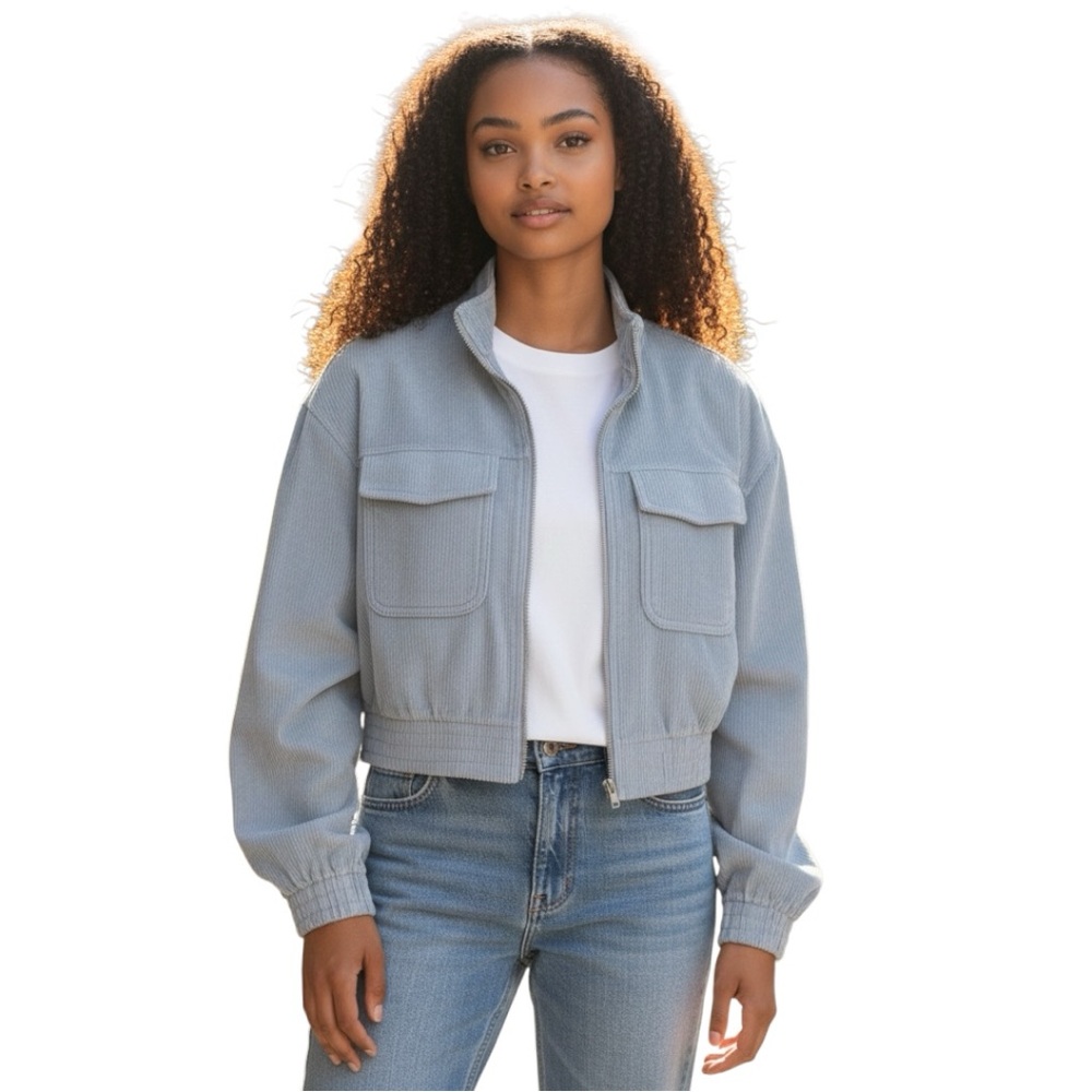 Aerie Jacket Women Medium Blue Corduroy Full Zip Cropped Bomber Mock Neck Pocket